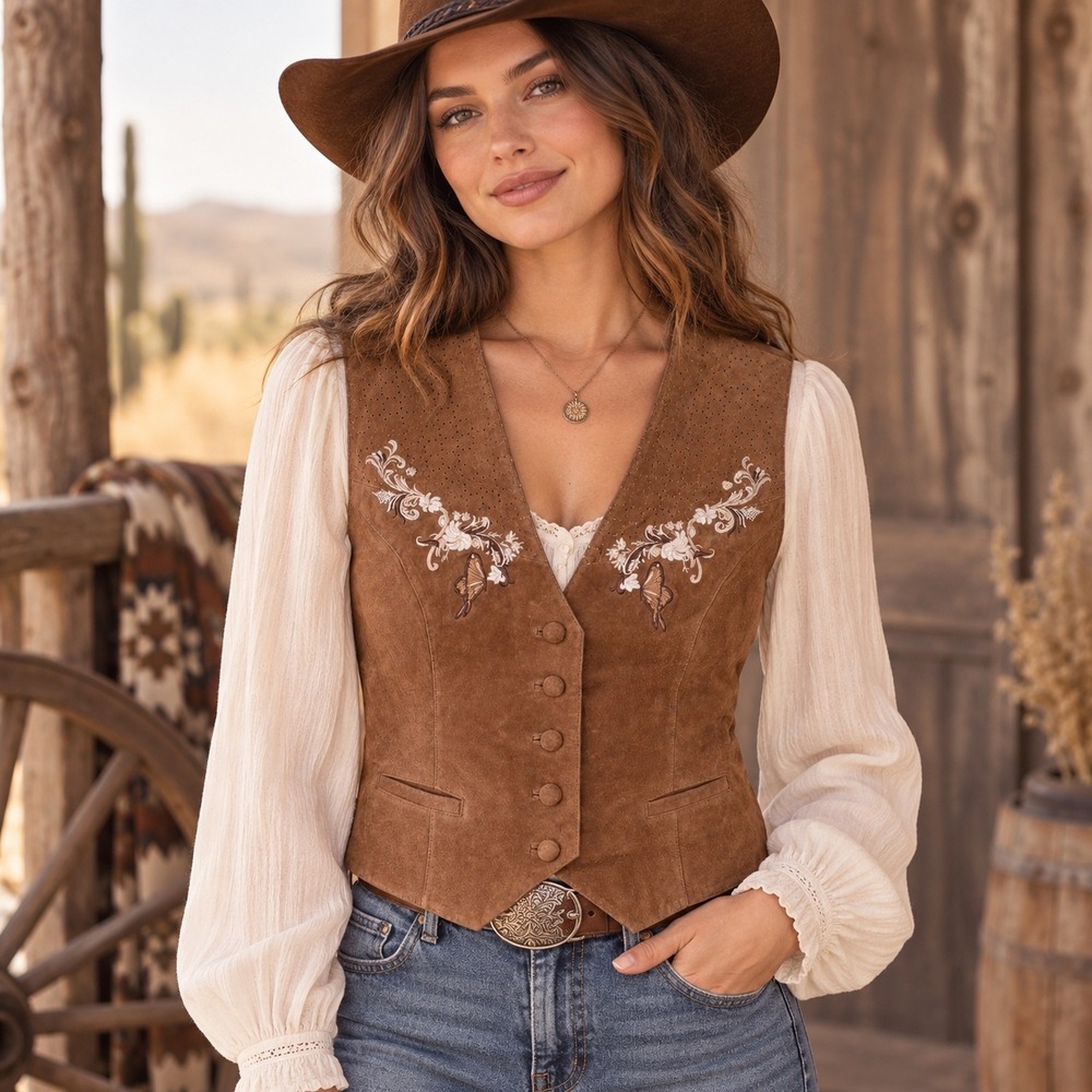 VTG Orvis Suede Vest Women's Large Brown Embroidered Butterfly Western Boho Y2K
